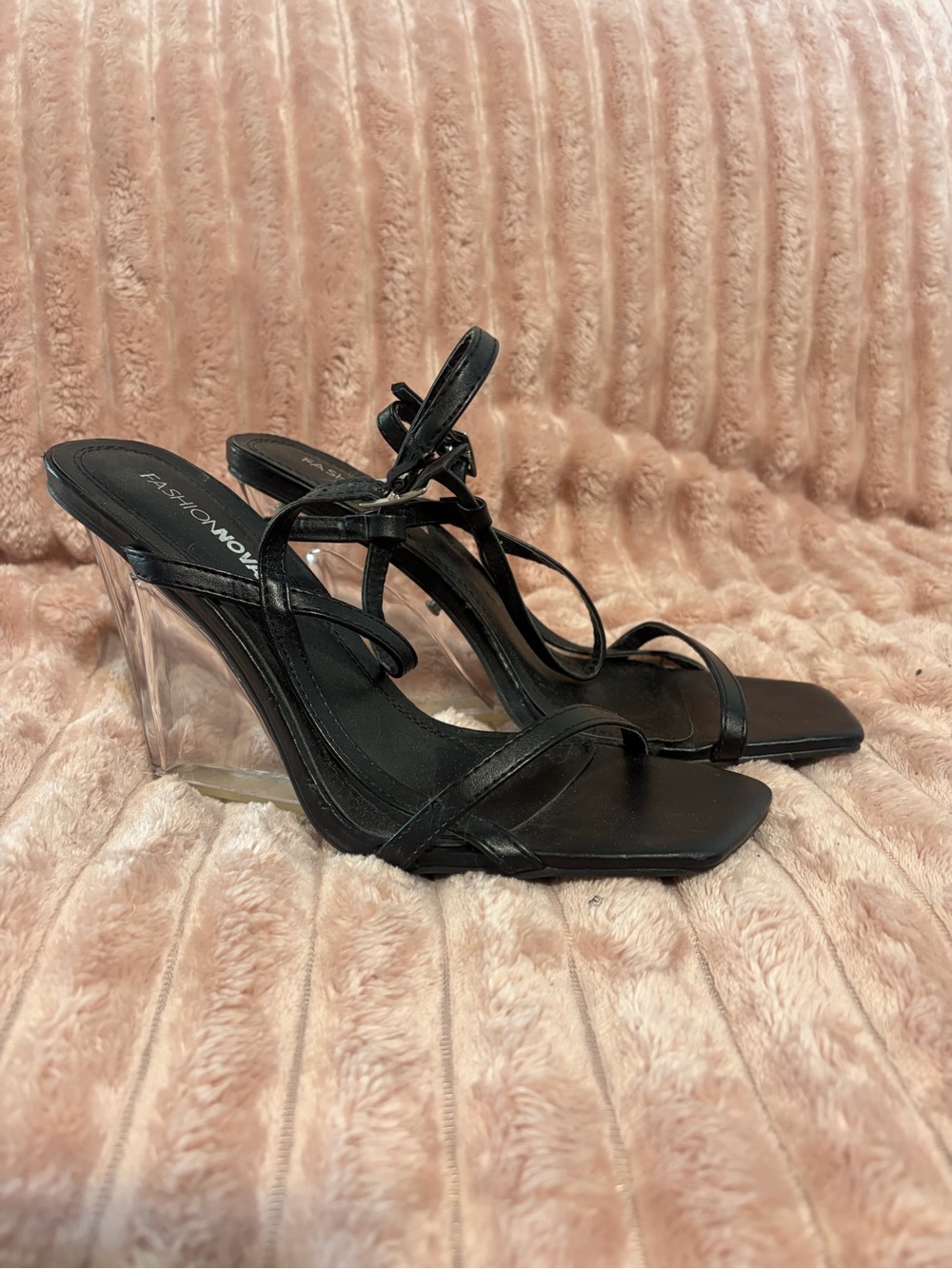 Fashion Nova Black Strappy Clear Wedge Heels